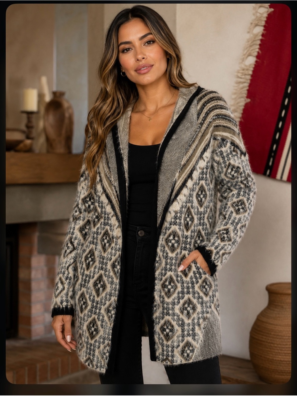 BCBGMaxAzria Black Gray Cream Patterned Open-Front Cardigan